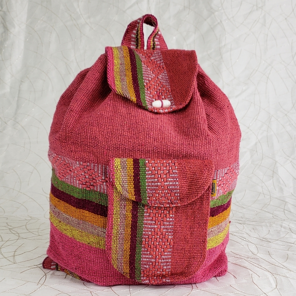 Artisanal Pink and Red Backpack with Textured Fabric